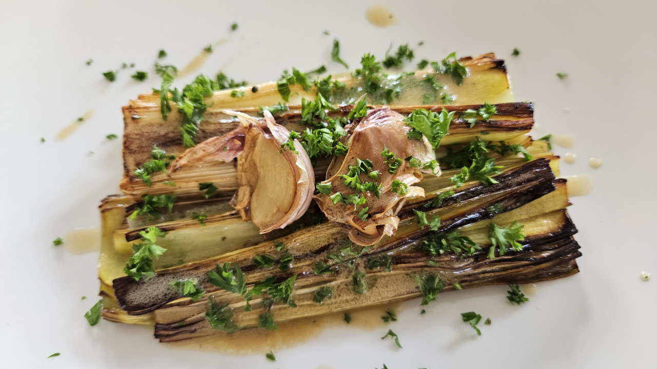 Baked and Pan Roasrted Leek with a French Vinegarette